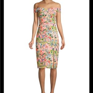 Floral Off-the-Shoulder Short-Sleeve Crepe Dress with Slit